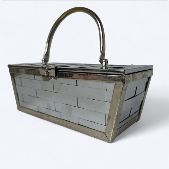Vintage MCM Box Purse Basket Weave Silver Tone Chrome Metal Handle 50s Handbag - Picture 1 of 16